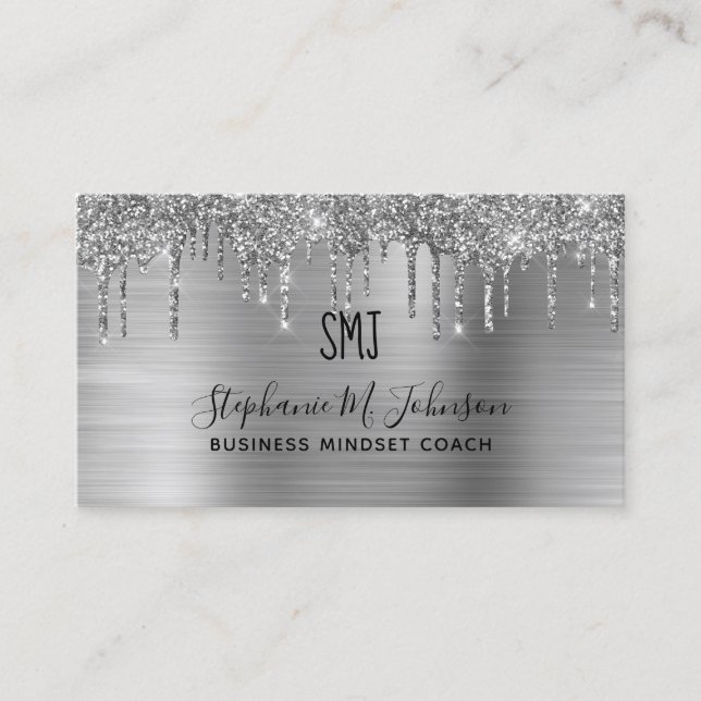 Elegant Metallic Silver Glitter Drip Monogram Logo Visitkort (Framsida)