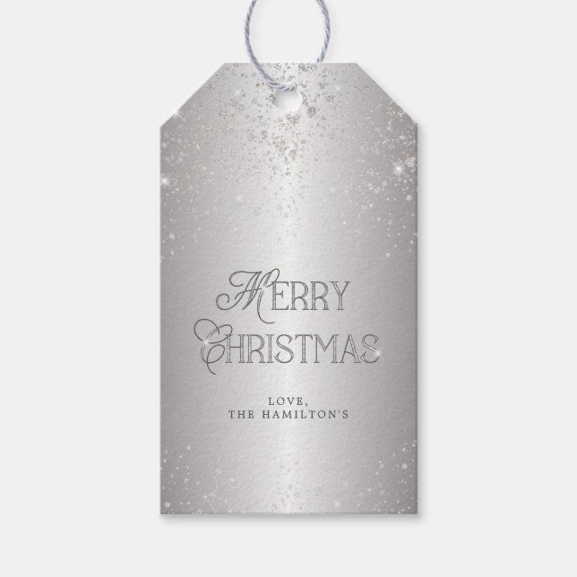 Elegant Metallic Silver Glitter God jul Presentetikett (Framsidan)
