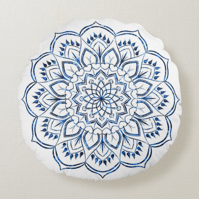 Elegant metallisk blå mandala dekorativ rund kudde (Framsidan)