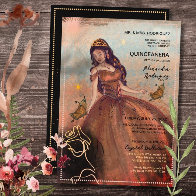 Elegant metallisk koppar-lux klänning inbjudningar (Elegant Vintage Copper Rose Quinceañera Invitation)
