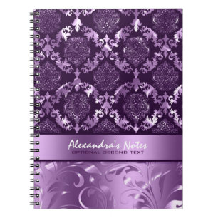 Elegant Metallisk Lila & Lavender Damasker & Snöre Anteckningsbok Med Spiral