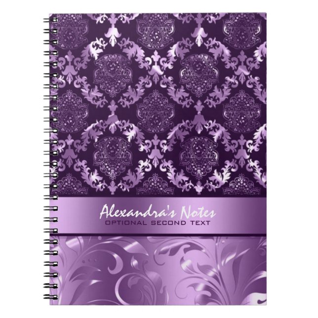 Elegant Metallisk Lila & Lavender Damasker & Snöre Anteckningsbok Med Spiral (Framsidan)