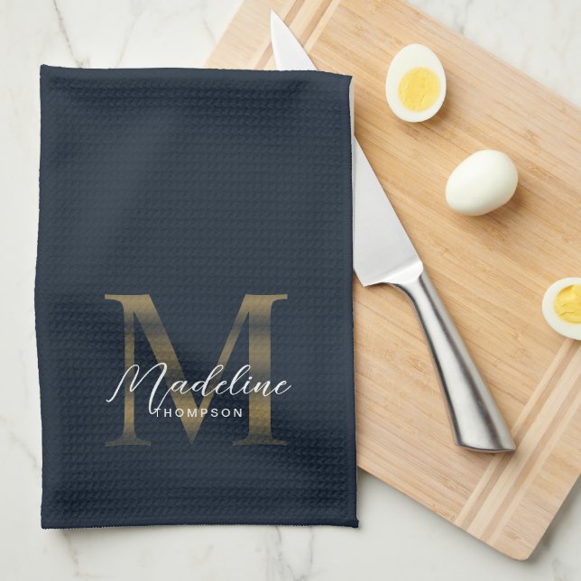 Elegant metallisk marinblå guldmonogram kökshandduk (Vikt i Fjärdedel)