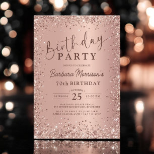 Elegant metallisk roséguld glitter 70-årsfirande inbjudningar