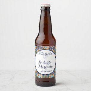 Elegant Mexikansk Blommigt Talavera Bröllop Ölflaska Etikett