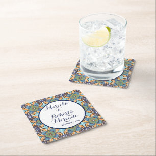Elegant Mexikansk Blommigt Talavera Bröllop Underlägg Papper Kvadrat