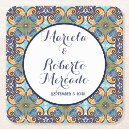 Elegant Mexikansk Blommigt Talavera Bröllop Underlägg Papper Kvadrat