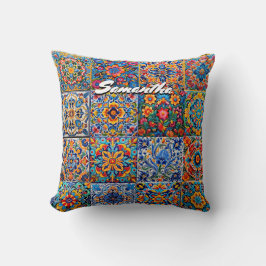 Elegant Mexikanska plattor med röd gult monogram Kudde