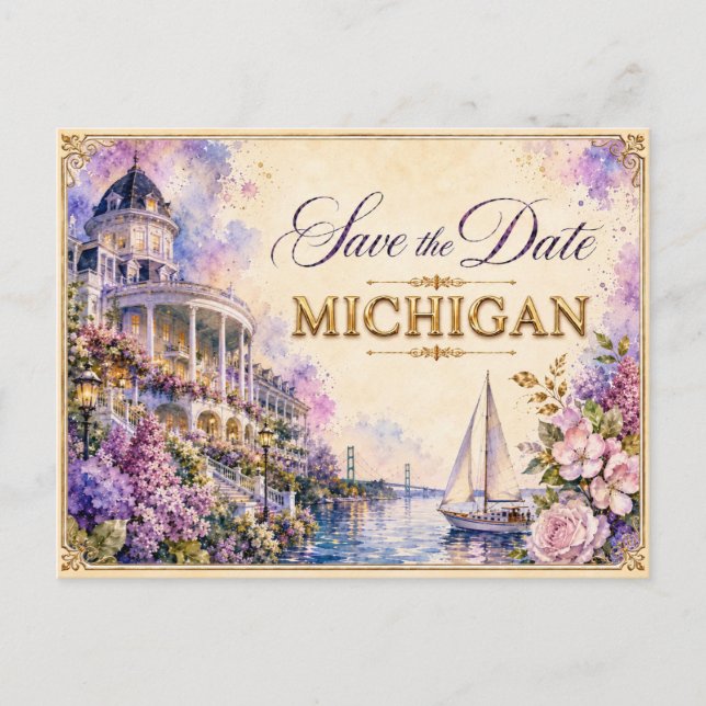 Elegant Michigan Spara datum Bröllopsinbjudan Vykort (Framsida)