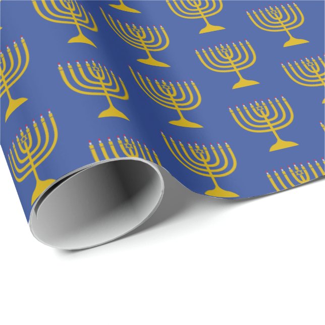 Elegant Mid Blue | Hanukkah | MENORAH Presentpapper (Rullad Hörn)