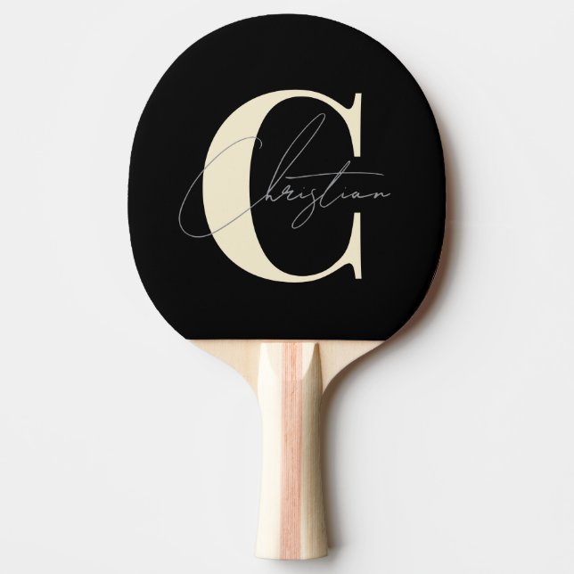 Elegant Mid-Century Modern Monogram Svart & Kräm Pingisracket (Framsidan)
