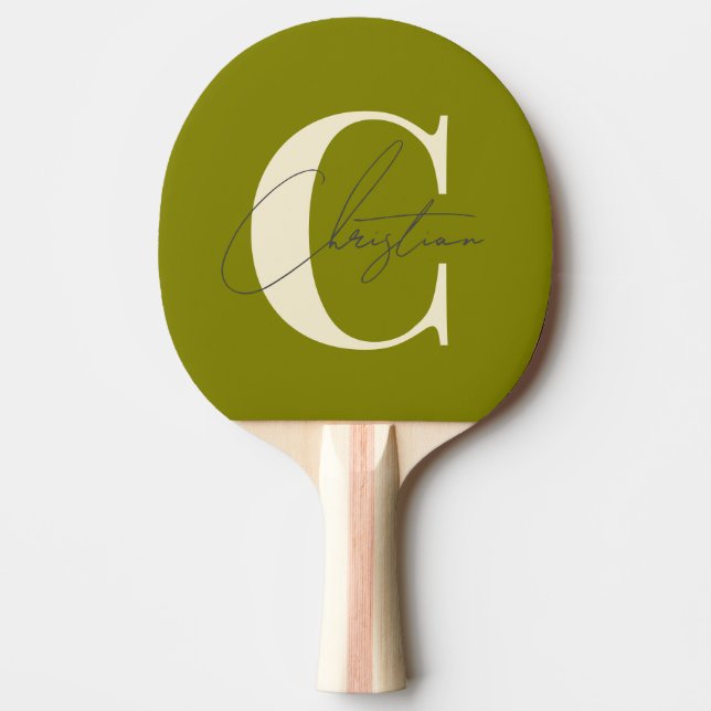 Elegant Mid-Century Modern Monogram Varm Olivgrön Pingisracket (Framsidan)