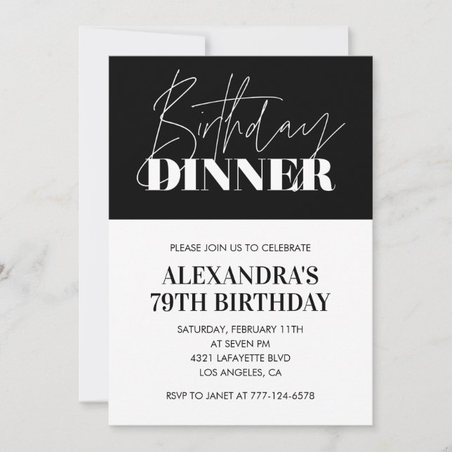 Elegant middag Svart och Vitt 79-årsdag  Inbjudningar (Framsida)