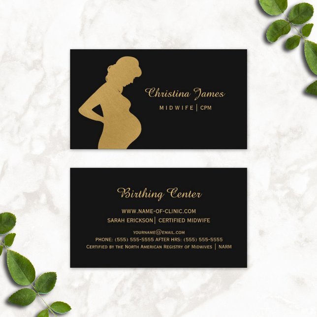 Elegant Midfru Black och Faux Guld Graant Woman Visitkort (Elegant Midwife Black and Faux Gold Pregnant Woman Business Cards)