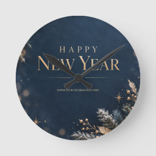 Elegant Midnatt Blå och Guld Gott Nytt År Rund Klocka