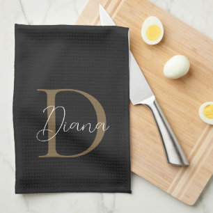 Elegant Midnight Black Mossy Guld-skript Monogram Kökshandduk