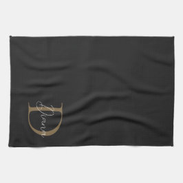Elegant Midnight Black Mossy Guld-skript Monogram Kökshandduk