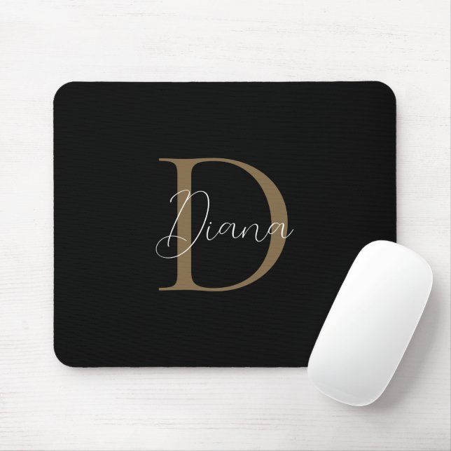 Elegant Midnight Black Mossy Guld-skript Monogram Musmatta (Med mus)
