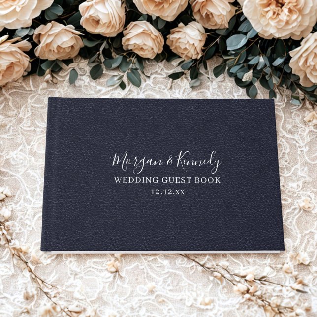 Elegant Midnight Blue Faux Leather Bröllop Gästböcker (An elegant midnight blue faux leather look wedding guest book with space for your details)