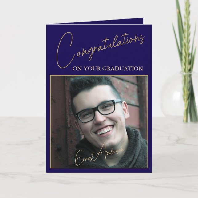Elegant Midnight Blue Graduation Photo Card Kort (Framsida)