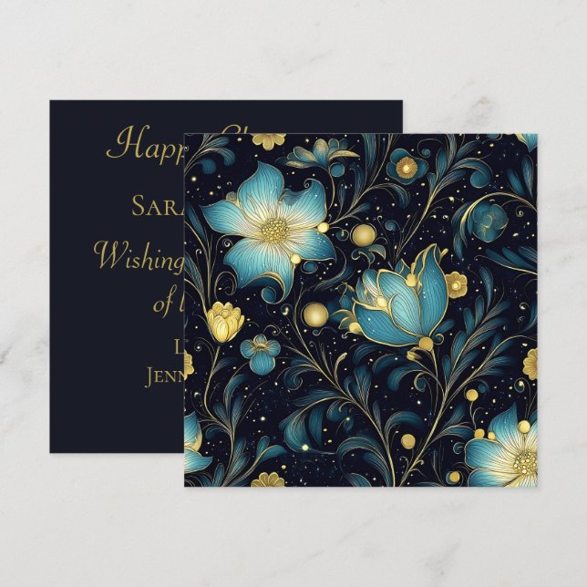 Elegant Midnight Blue & Guld Blommigt jul Julkort (Fram/baksida)