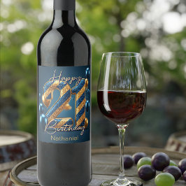 Elegant Midnight Blue & Guld Stripe 21:a födelseda Vinflaska Etikett