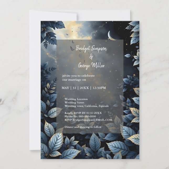 Elegant Midnight Blue och Guld Forest Bröllop Inbjudningar (Framsida)