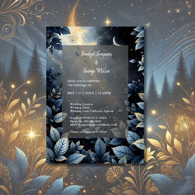 Elegant Midnight Blue och Guld Forest Bröllop Inbjudningar (Skapare uppladdad)