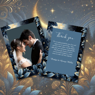 Elegant Midnight Blue och Guld Forest Bröllop Tack Kort