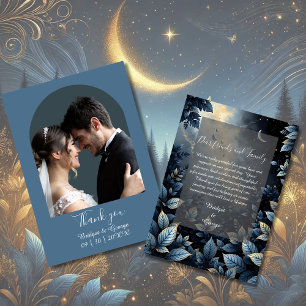 Elegant Midnight Blue och Guld Forest Bröllop Tack Kort