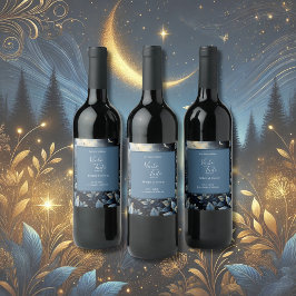 Elegant Midnight Blue och Guld Forest Bröllop Vinflaska Etikett