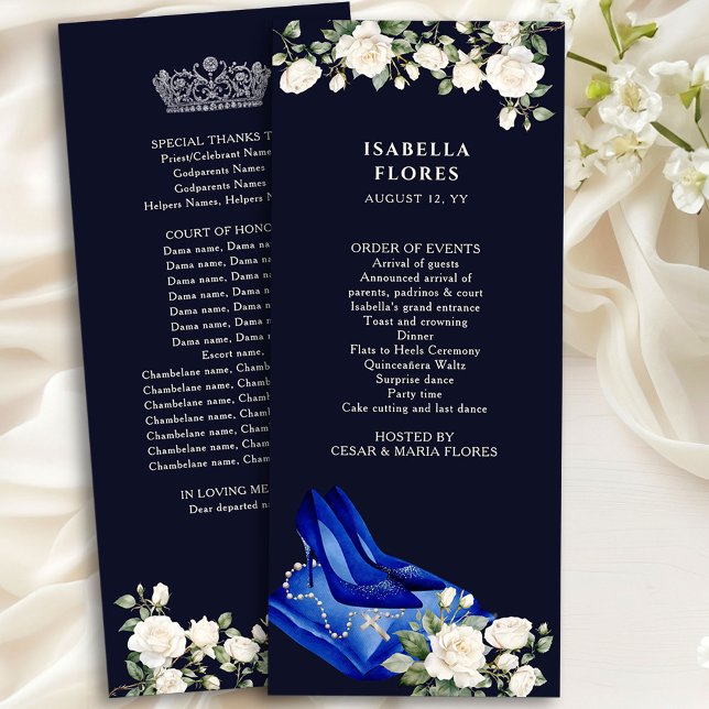 Elegant Midnight Blue Quinceanera Tiara och Ro Program (Mis Quince Program from the Princess Dress and Roses Quinceanera collection by Darling & May)