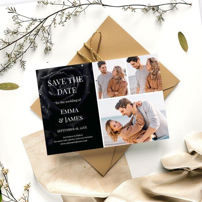 Elegant Midnight Rose Black & White Wedding Photo Spara Datumet (Skapare uppladdad)