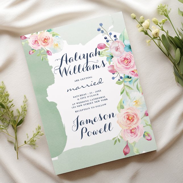 Elegant MIN grönt rosa vattenfärgsfärg blommigt Br Inbjudningar (Elegant mint green pink watercolor floral Wedding )