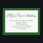 Elegant Min Nya adress Grönt vid gränsen för vitt Tilläggskort<br><div class="desc">Behålla dina vänner och din familj och dina nya adress med hjälp av dessa enkla, elegant-höljeskort. En enkel anteckning läser "Min Ny adress" överst med ett söt, traditionellt skriptteckensnitt. Använda mallen fält om du vill lägga till all information för att anpassa designen för din egen använda. Grönten placerades över ändringsbart...</div>