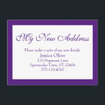 Elegant Min Nya adress Lila vid gränsen och vit Tilläggskort<br><div class="desc">Behålla dina vänner och din familj och dina nya adress med hjälp av dessa enkla, elegant-höljeskort. En enkel anteckning läser "Min Ny adress" överst med ett söt, traditionellt skriptteckensnitt. Använda mallen fält om du vill lägga till all information för att anpassa designen för din egen använda. Lilan placerades över ändringsbart...</div>