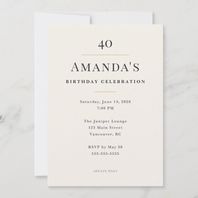 Elegant Minimal 40-årsfirande Inbjudningar (Framsida)