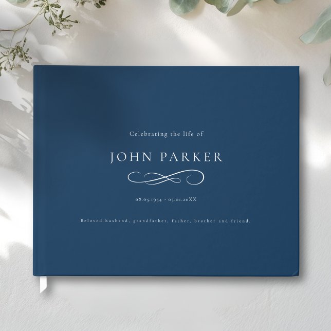 Elegant Minimal Begravningsfirande i Blått Gästböcker (Elegant Minimal Celebration of life Funeral Blue Guest Book)