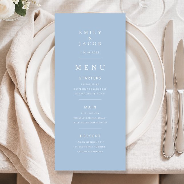 Elegant Minimal Blå Bröllop Meny (Elegant Minimal Blue Wedding Menu)