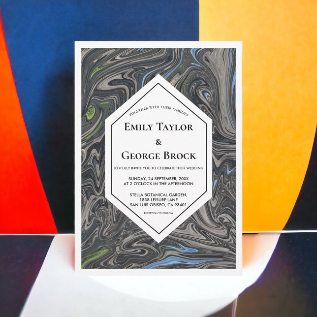 Elegant Minimal blå Grått Vinkar Abstrakt Bröllop Inbjudningar (Skapare uppladdad)