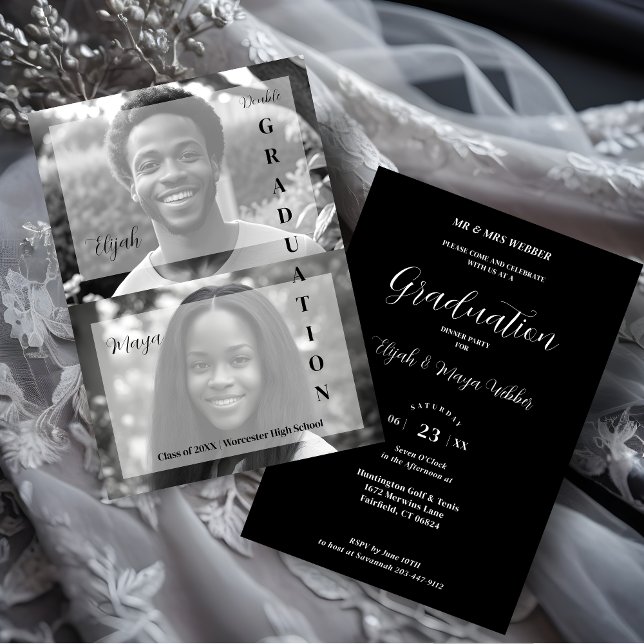 Elegant Minimal Black & White 2 Photos Double Grad Inbjudningar (Elegant Minimal Black & White 2 Photos Double Graduation Invitation Card. )