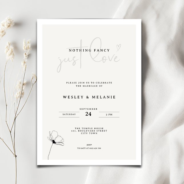 Elegant Minimal Blomma Inget Fancy Bröllop Inbjudningar (Nothing fancy just love minimalist wedding invitation with line art flower)