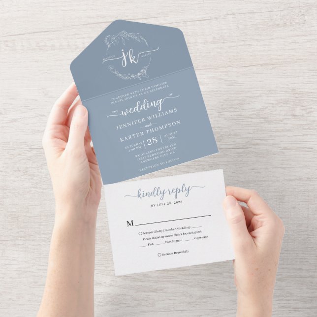 Elegant Minimal Blommigt Dusty Blue Monogram Bröll (Avrivbar del)