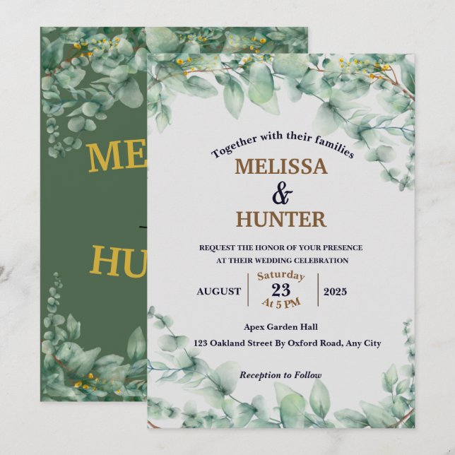 Elegant Minimal Blommigt Greenery Watercolor Bröll Inbjudningar (Fram/baksida)