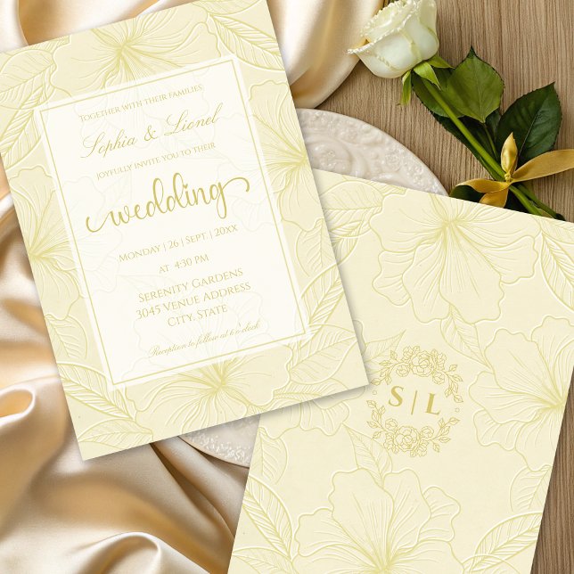 Elegant Minimal Blommigt kontur Golden Bröllop Inbjudningar (Skapare uppladdad)