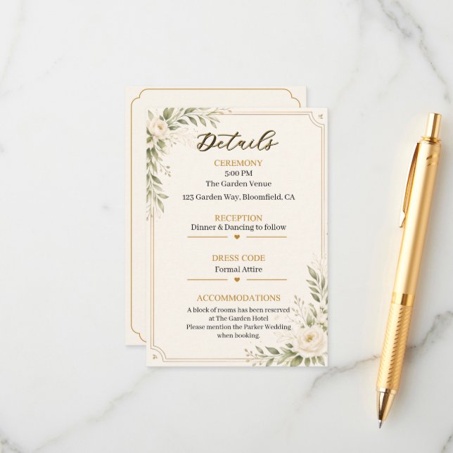 Elegant Minimal Bröllopsdetaljkort Guld Blommig Tilläggskort (Fram/Back In Situ)