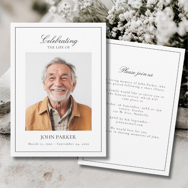 Elegant Minimal Celebration of Life Begravning Fot Inbjudningar (Elegant Minimal Celebration of Life Funeral Photo Invitation)