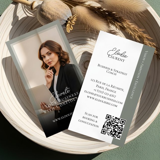 Elegant Minimal Consulting Coach Photo QR Code Visitkort (Elegant Minimal Consulting Coach Photo QR Code Business Card)
