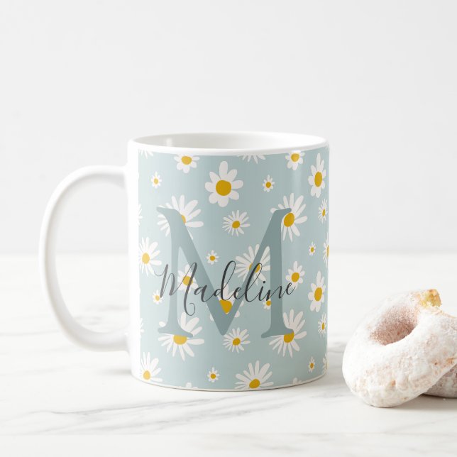 Elegant Minimal Daisy Turkos Skrift Monogram Kaffemugg (Med munk)