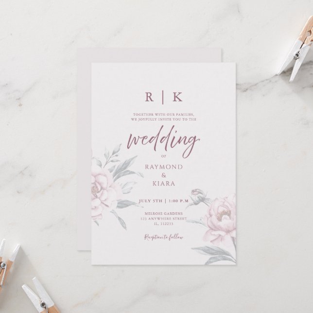 Elegant Minimal Dusky Pink Peony Floral Wedding  Inbjudningar (Fram/Back In Situ)